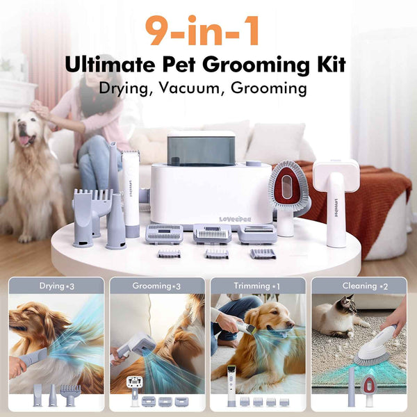 LOVEEPEE Pet Grooming Vacuum Set: Dog Shedding Vacuum With Grooming & Hair Dryer Functions, 9-in-1 Pet Brush Vacuum Equipped With Electric Clippers, 21KPa Adjustable Speed & Temperature - 3L Dust Bin