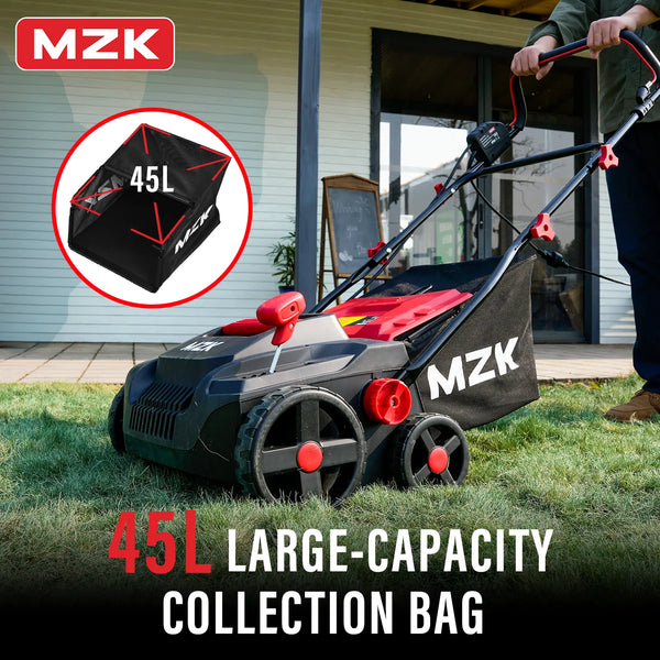 MZK 15-inch 13-Amp 2-in-1 Electric Dethatcher and Scarifier w/Removeable 11.9-Gallon Collection Bag, 5-Position Height Adjustment, Keep Lawn Health - MZK
