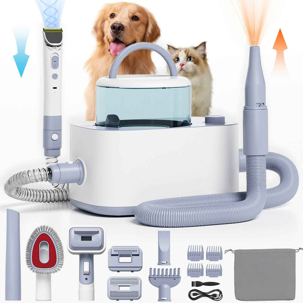 LOVEEPEE Pet Grooming Vacuum Set: Dog Shedding Vacuum With Grooming & Hair Dryer Functions, 9-in-1 Pet Brush Vacuum Equipped With Electric Clippers, 21KPa Adjustable Speed & Temperature - 3L Dust Bin