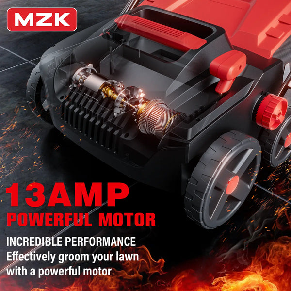 MZK 15-inch 13-Amp 2-in-1 Electric Dethatcher and Scarifier w/Removeable 11.9-Gallon Collection Bag, 5-Position Height Adjustment, Keep Lawn Health - MZK