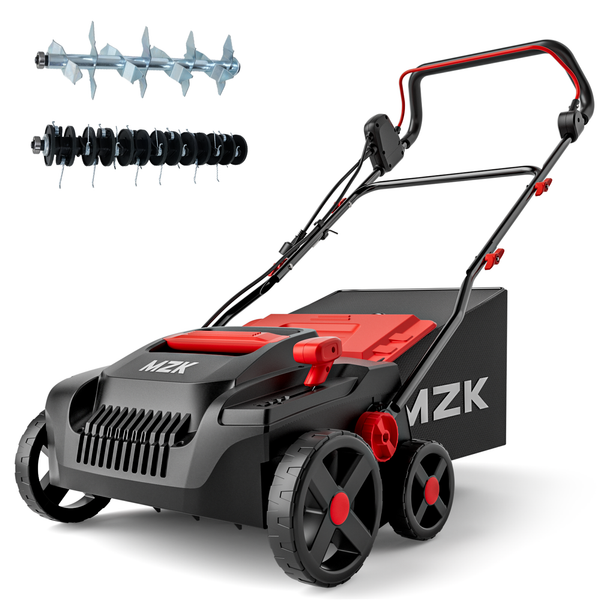 MZK 15-inch 13-Amp 2-in-1 Electric Dethatcher and Scarifier w/Removeable 11.9-Gallon Collection Bag, 5-Position Height Adjustment, Keep Lawn Health - MZK