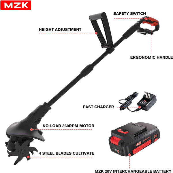 MZK 20V Cordless Tiller Cultivator with 24 Steel Tines,7.8-inch Wide Battery Powered Garden Cultivator, Mini Tiller for Gardening (2AH Battery and Charger Included) - MZK