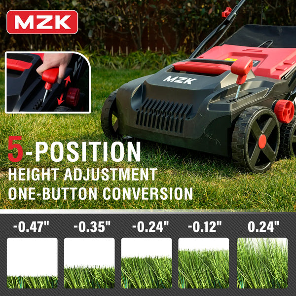 MZK 15-inch 13-Amp 2-in-1 Electric Dethatcher and Scarifier w/Removeable 11.9-Gallon Collection Bag, 5-Position Height Adjustment, Keep Lawn Health - MZK