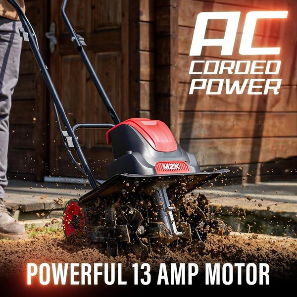 MZK 16-Inch 13-Amp Corded Electric Tiller/Cultivator, 8-inch tillling Depth with Adjustable Wheels, Foldable Electric Rototiller for Garden Soil Digging - MZK
