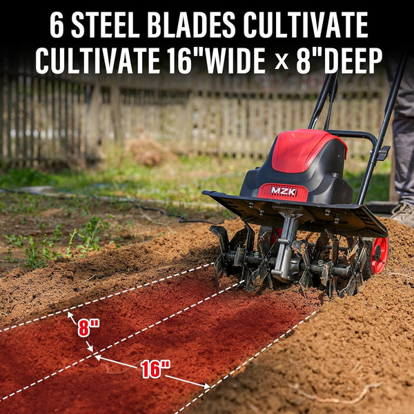 MZK 16-Inch 13-Amp Corded Electric Tiller/Cultivator, 8-inch tillling Depth with Adjustable Wheels, Foldable Electric Rototiller for Garden Soil Digging - MZK