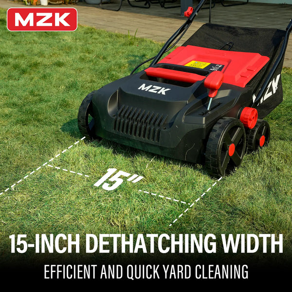MZK 15-inch 13-Amp 2-in-1 Electric Dethatcher and Scarifier w/Removeable 11.9-Gallon Collection Bag, 5-Position Height Adjustment, Keep Lawn Health - MZK