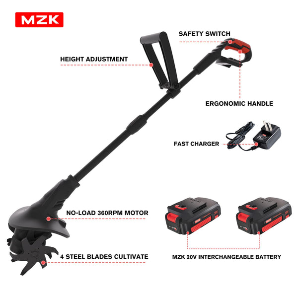 MZK 20V Cordless Tiller Cultivator with Steel Tines,8-inch Wide Battery Powered Garden Cultivator, 360RPM Electric Tiller for Lawn/Gardening/Soil Cultivation(2 * 2AH Battery&Charger Included),TC08D01 - MZK